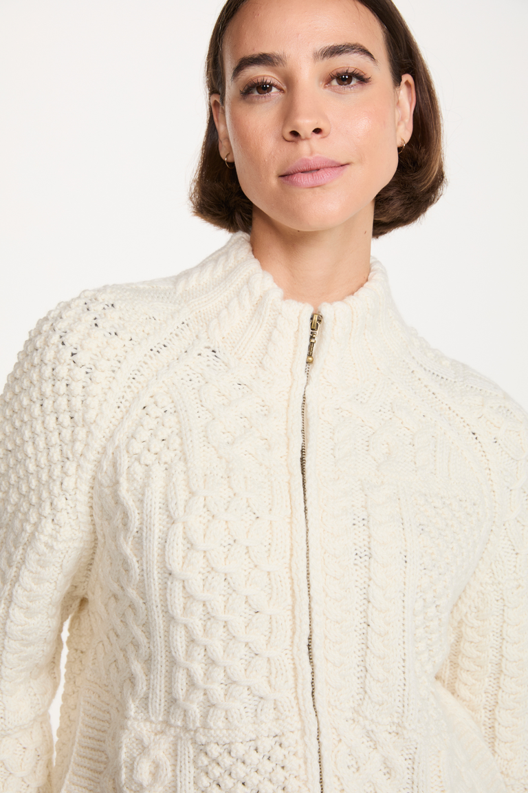 Sadhbh Ladies 100% Merino Patchwork Full Zip Cardigan - Cream