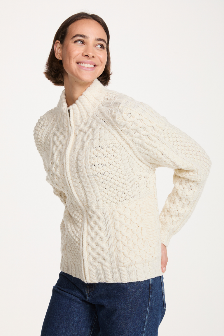 Sadhbh Ladies 100% Merino Patchwork Full Zip Cardigan - Cream