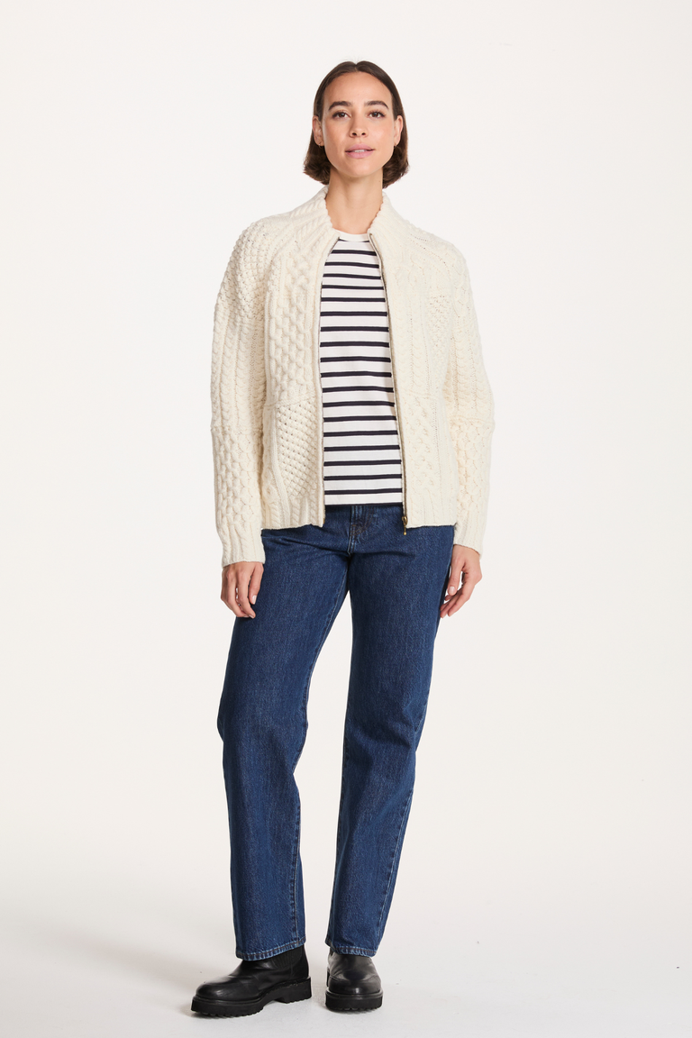 Sadhbh Ladies 100% Merino Patchwork Full Zip Cardigan - Cream