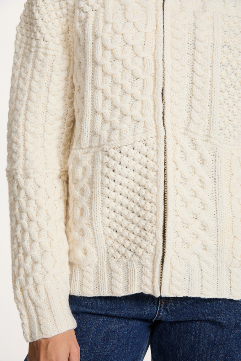 Sadhbh Ladies 100% Merino Patchwork Full Zip Cardigan - Cream