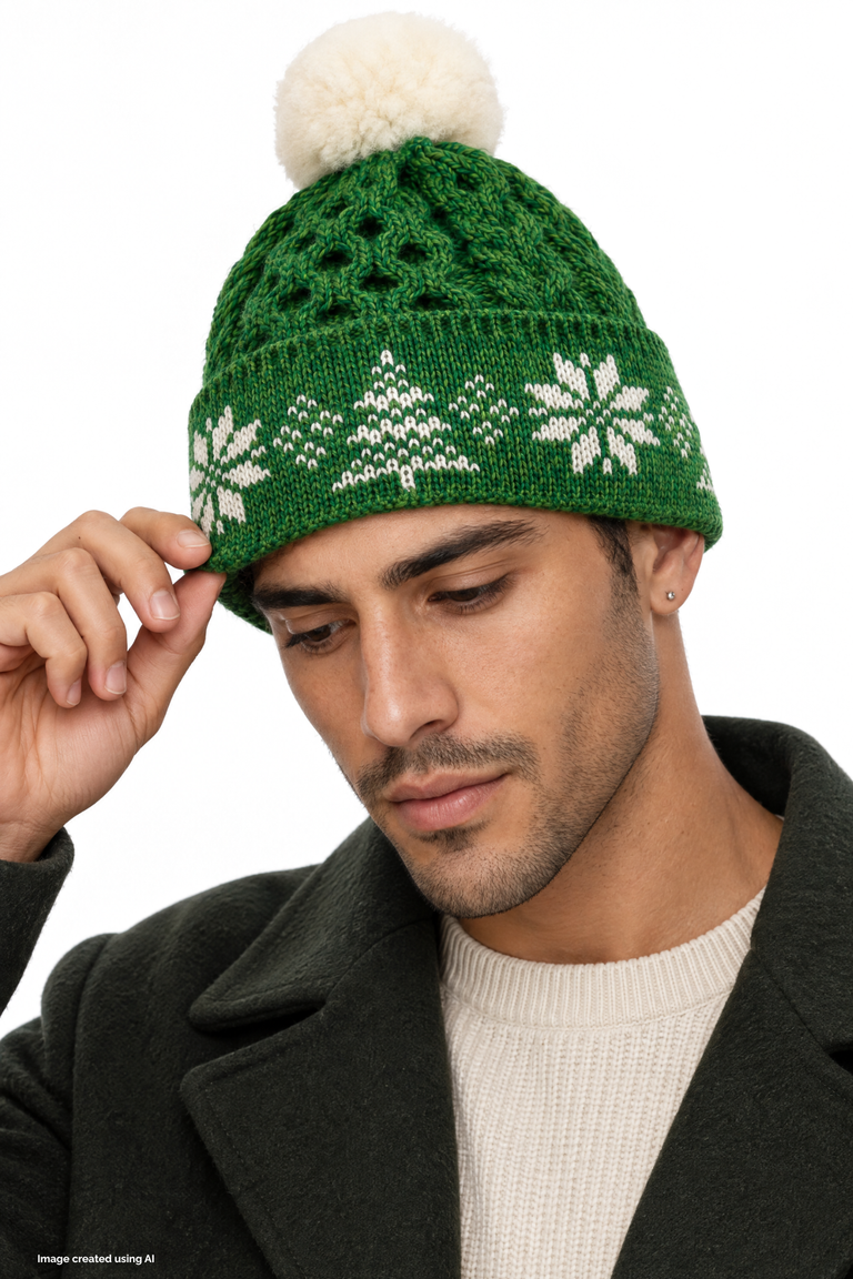 Nollaig Christmas Jacquard Hat with Pom Pom - Green