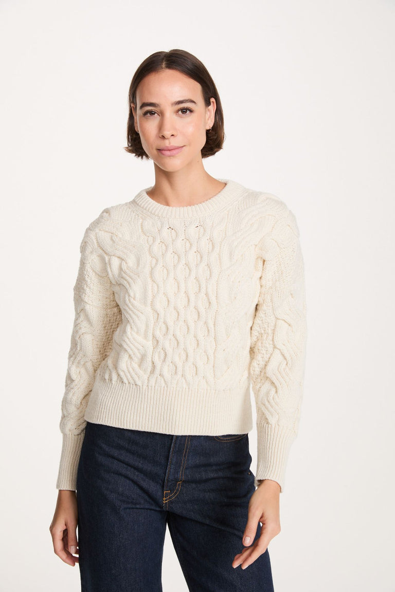Isla Supersoft Merino Crop Cable Sweater-Cream