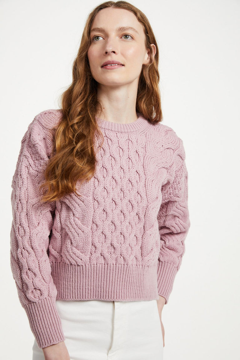 Isla Supersoft Merino Crop Cable Sweater-Pink