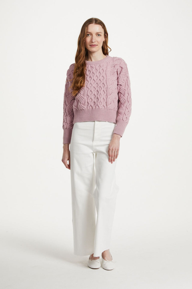 Isla Supersoft Merino Crop Cable Sweater-Pink