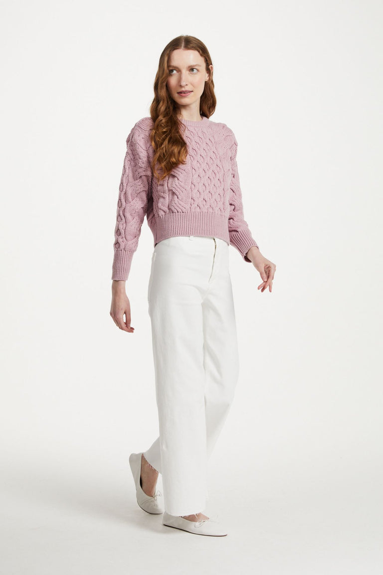 Isla Supersoft Merino Crop Cable Sweater-Pink