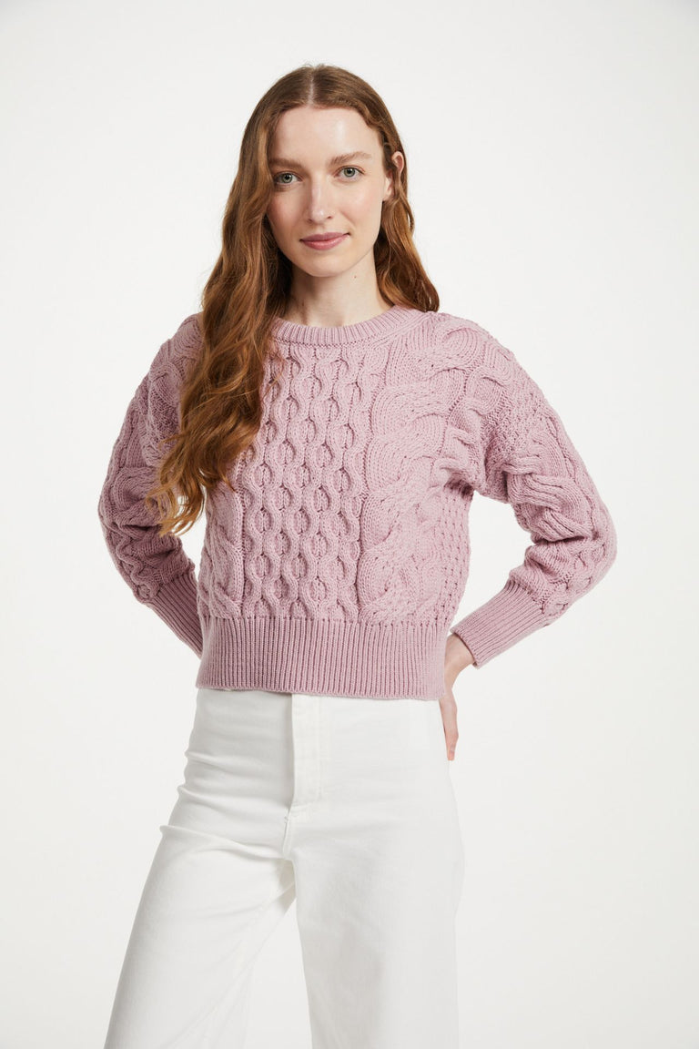 Isla Supersoft Merino Crop Cable Sweater-Pink