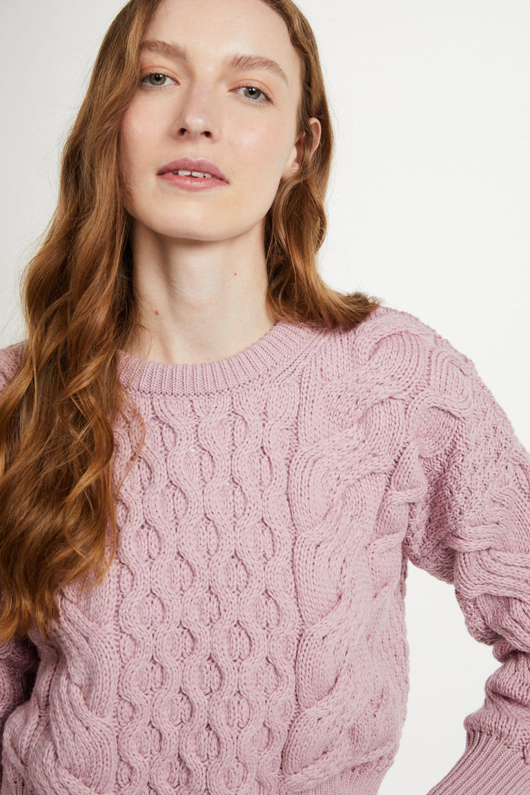 Isla Supersoft Merino Crop Cable Sweater-Pink