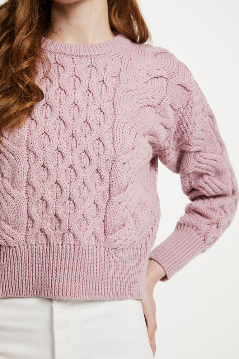 Isla Supersoft Merino Crop Cable Sweater-Pink