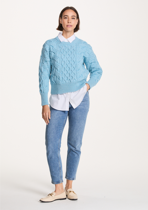 Isla Supersoft Merino Crop Cable Sweater-Sky Blue