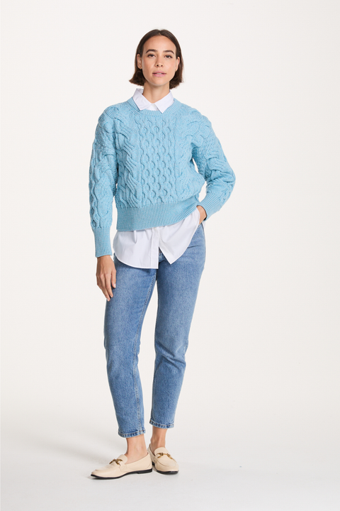 Isla Supersoft Merino Crop Cable Sweater-Sky Blue
