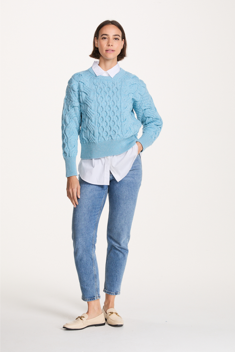 Isla Supersoft Merino Crop Cable Sweater-Sky Blue