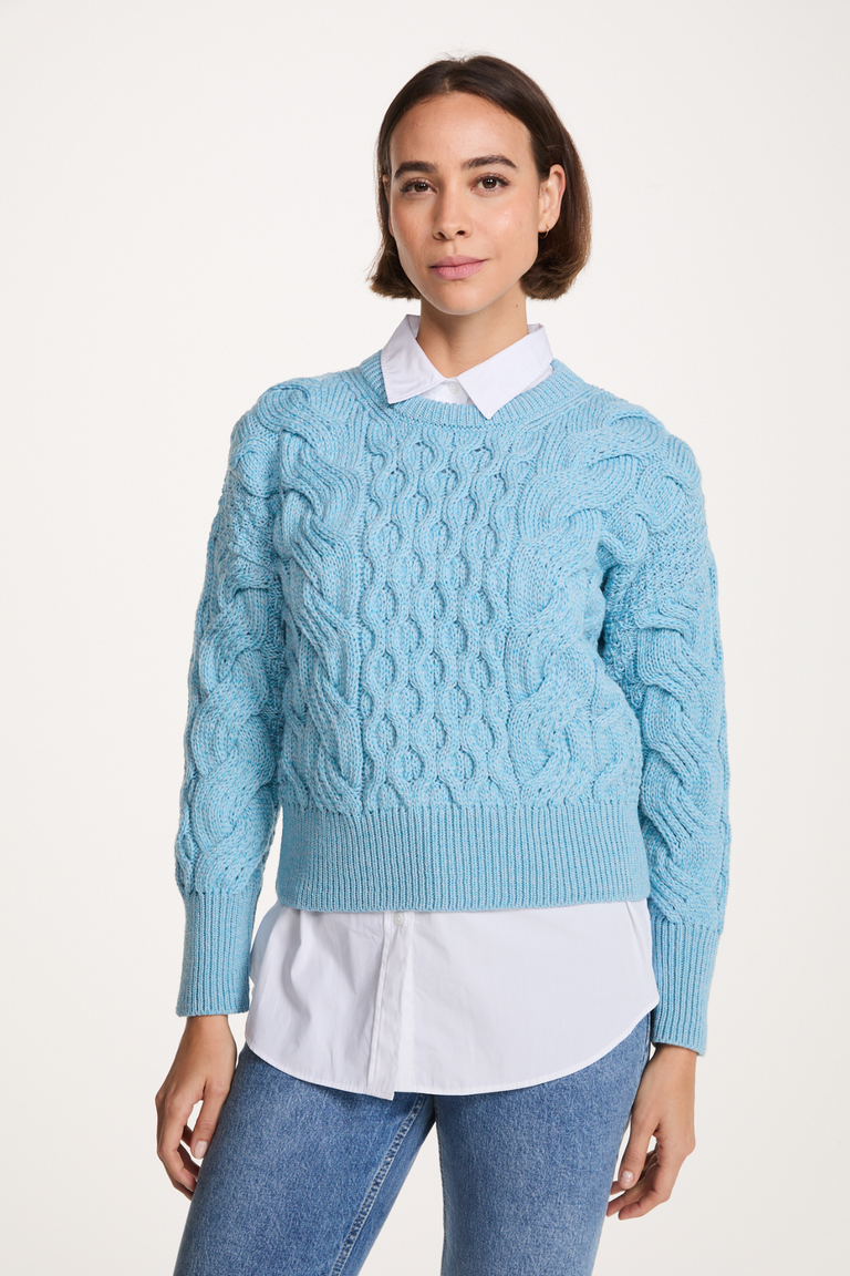 Isla Supersoft Merino Crop Cable Sweater-Sky Blue