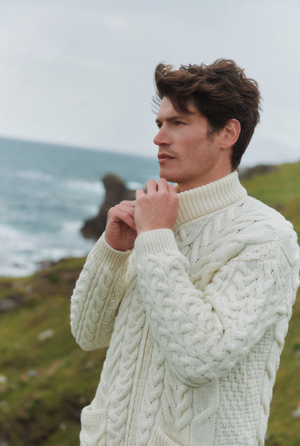 Corraun Mens Aran Zipper Merino Cardigan - Cream