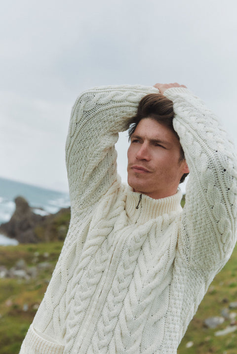 Corraun Herren Aran Zipper Merino Strickjacke - Creme