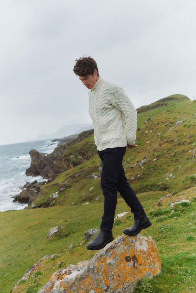Corraun Mens Aran Zipper Merino Cardigan - Cream