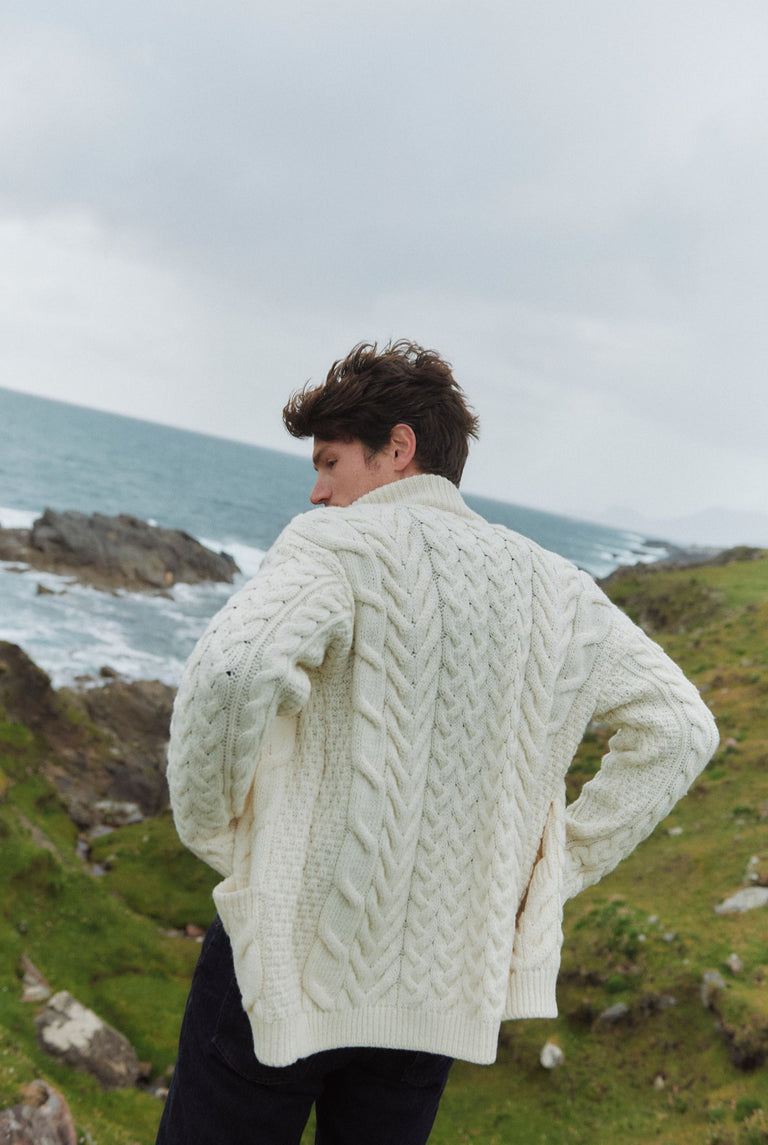 Corraun Mens Aran Zipper Merino Cardigan - Cream