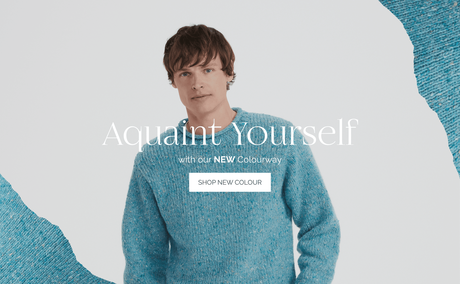 Man in a our NEW Donegal Tweed Sweater in Aqua Blue