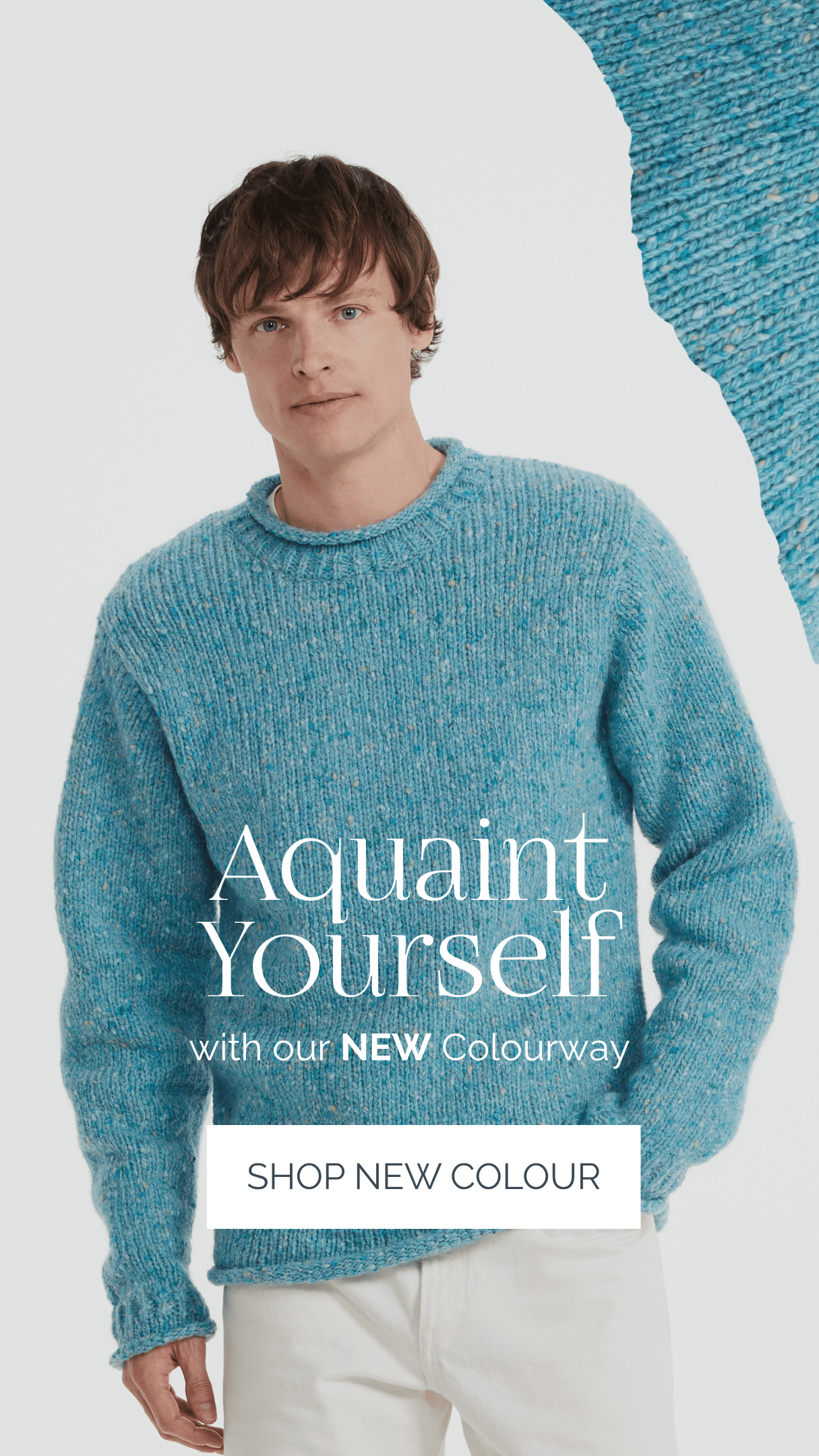 Man in a our NEW Donegal Tweed Sweater in Aqua Blue