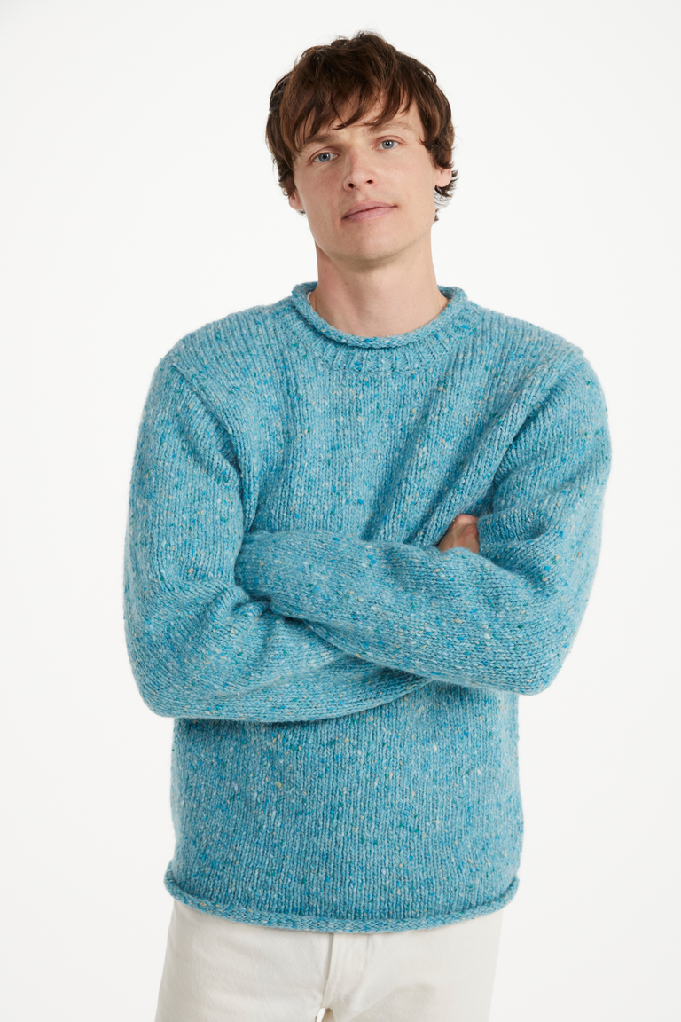 Raheen Tweed Roll Neck Mens Sweater - Aqua Blue
