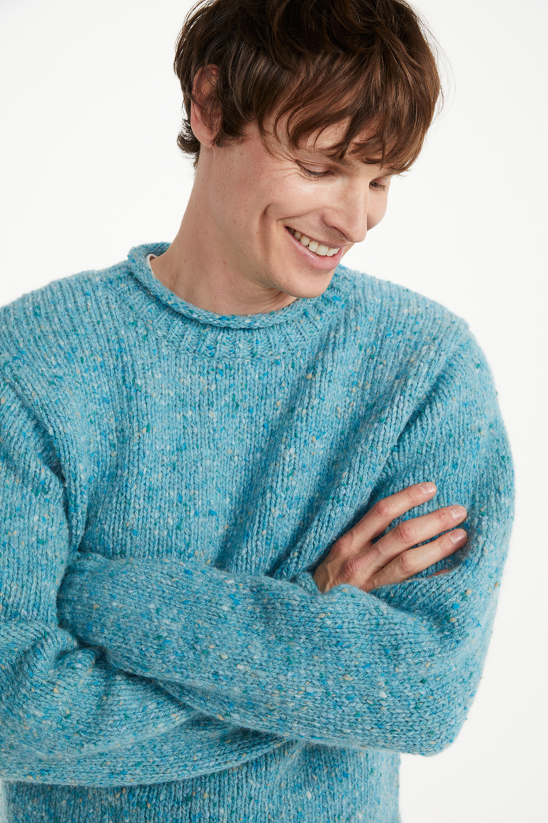 Raheen Tweed Roll Neck Mens Sweater - Aqua Blue