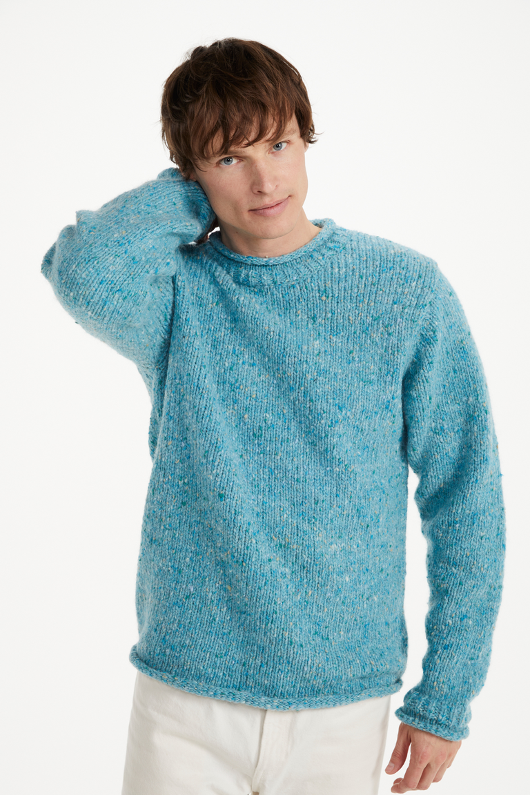 Raheen Tweed Roll Neck Mens Sweater - Aqua Blue