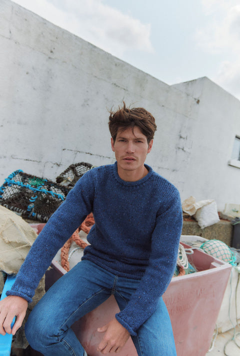 Raheen Tweed Roll Neck Mens Sweater - Denim