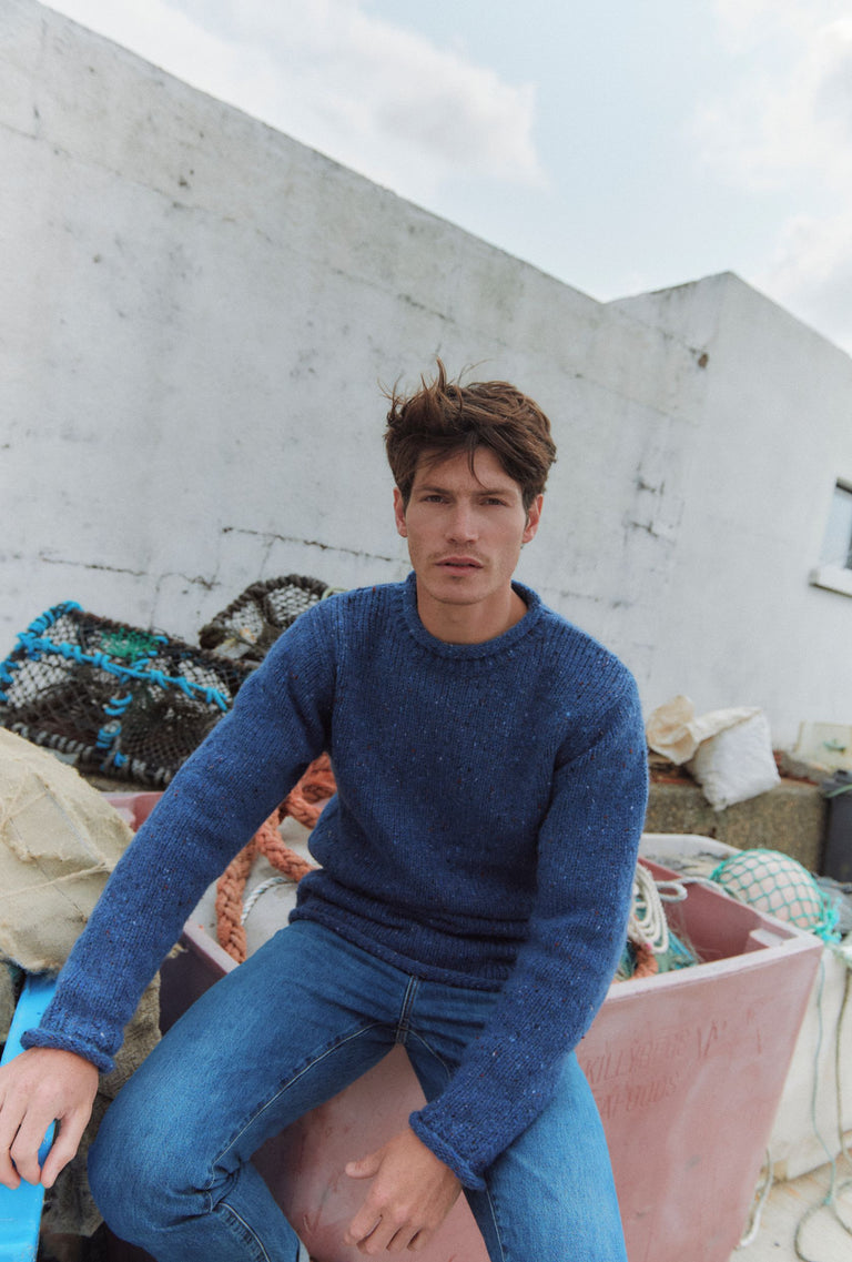 Raheen Tweed Roll Neck Mens Sweater - Denim