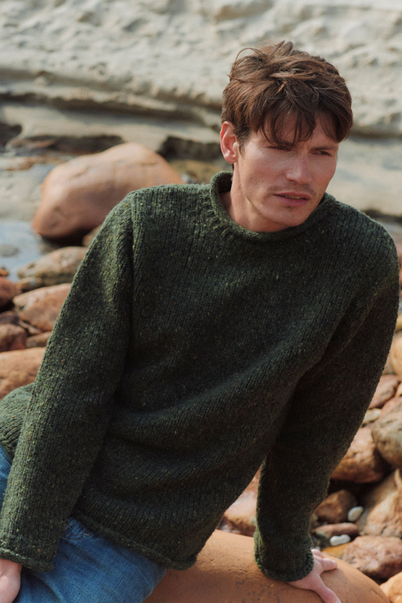 Raheen Tweed Roll Neck Mens Sweater - Green