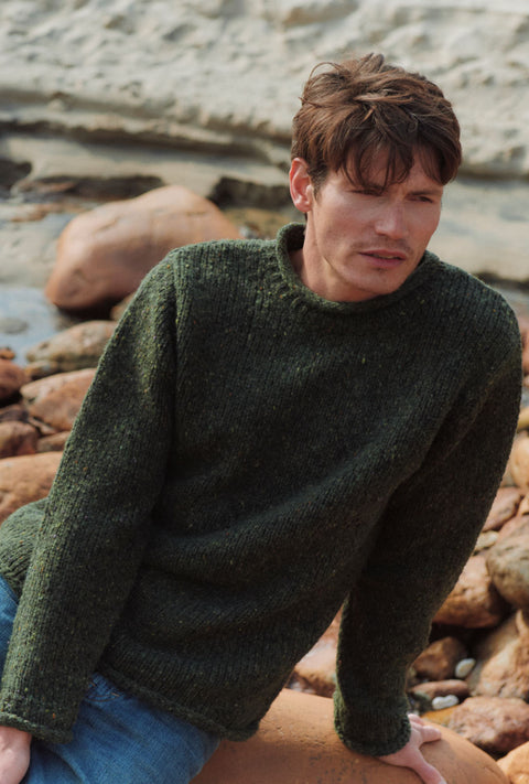 Raheen Tweed Roll Neck Mens Sweater - Green