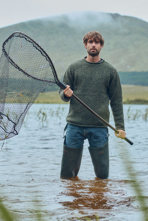 Irish Sweater  Merino Wool Aran Knit Zip Neck Fisherman Mens
