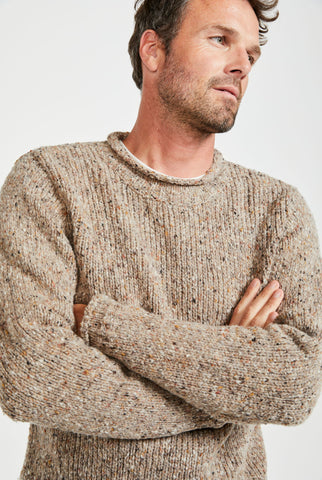 Raheen Tweed Roll Neck Mens Sweater - Oat