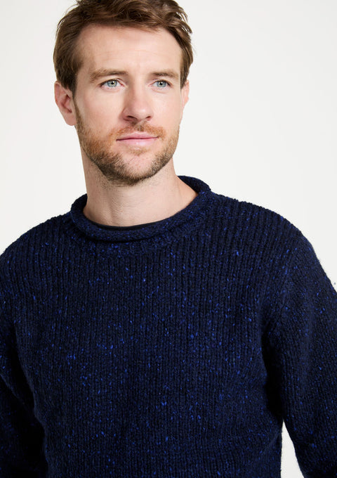 tweed,100% wool sweater, knitwear, men's sweater, roll neck jumper, aran, men's sweater, Ireland, navy