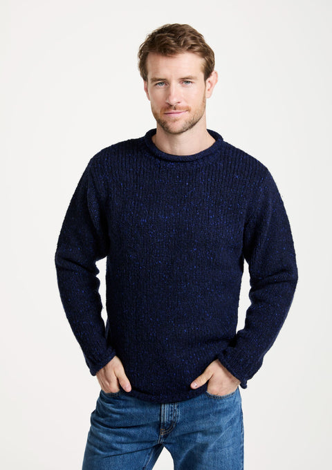 tweed,100% wool sweater, knitwear, men's sweater, roll neck jumper, aran, men's sweater, Ireland, navy