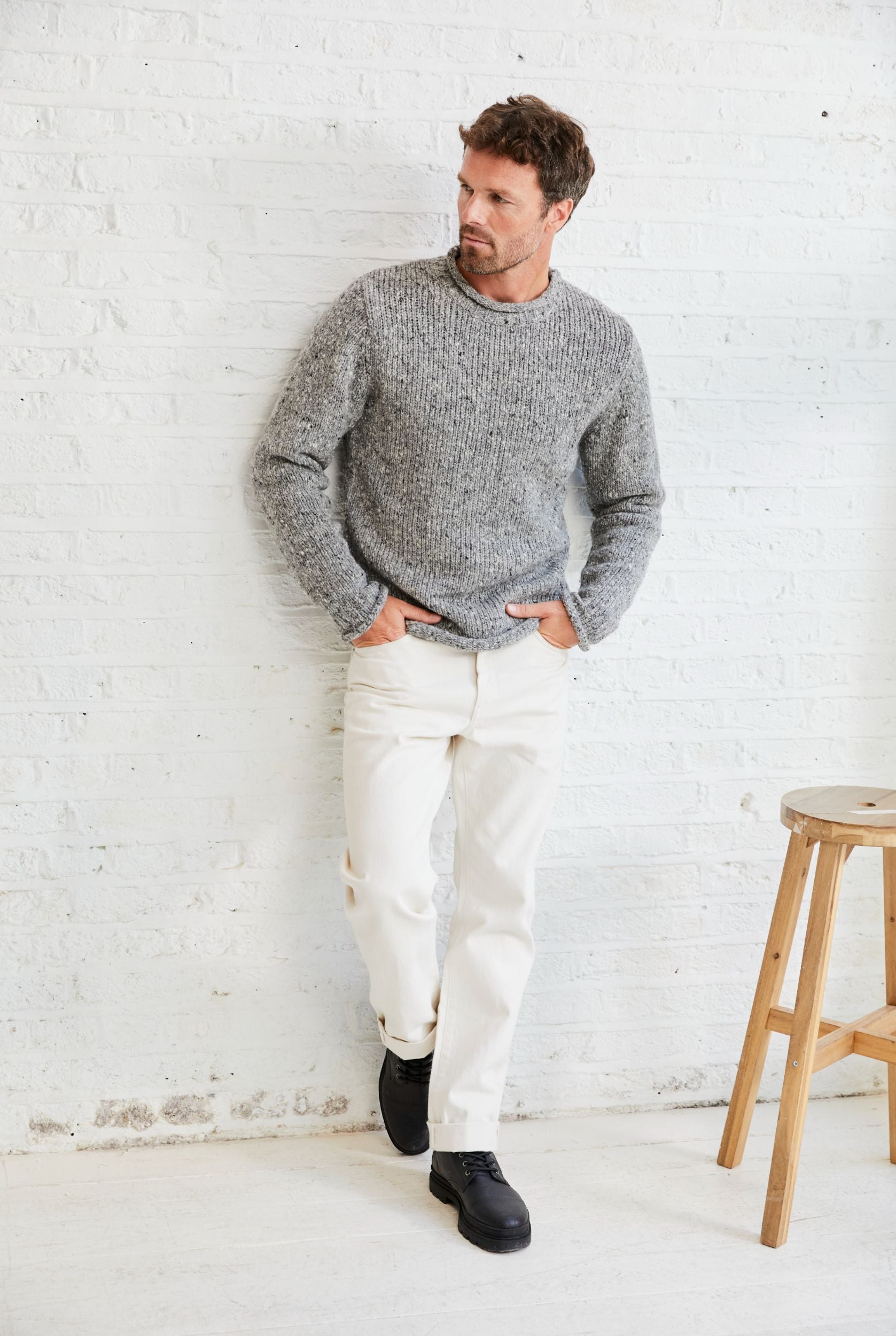 Raheen Tweed Roll Neck Mens Sweater - Light Grey