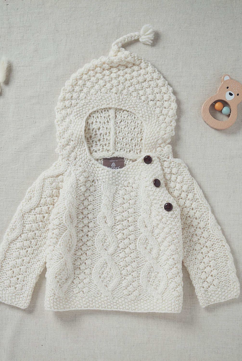 Shepley Baby Aran Wool Sweater with Hood Cream