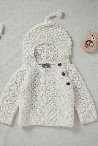 Shepley Baby Aran Wool Sweater with Hood - Cream