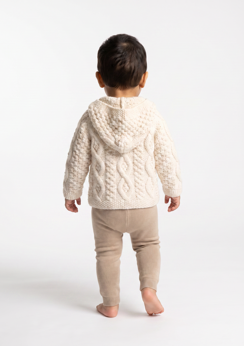 Shepley Baby Aran Wool Sweater with Hood - Cream