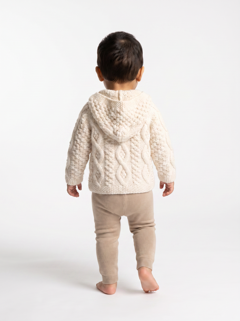 Shepley Baby Aran Wool Sweater with Hood - Cream
