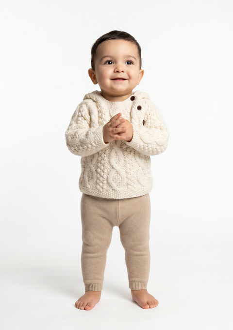 Shepley Baby Aran Wool Sweater with Hood - Cream