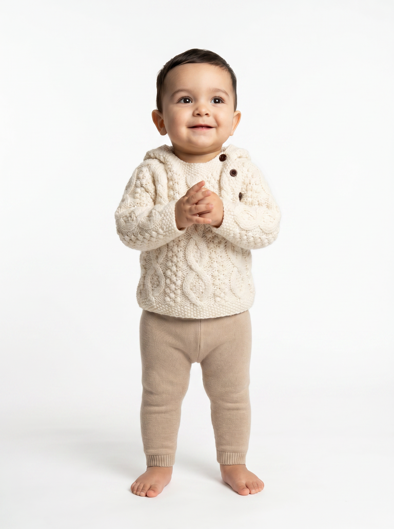 Shepley Baby Aran Wool Sweater with Hood - Cream