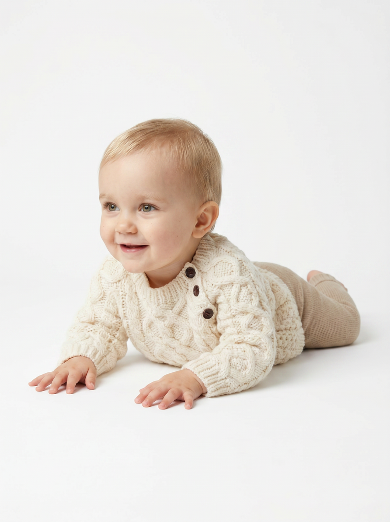 Shepley Baby Aran Wool Crew Neck Sweater - Cream
