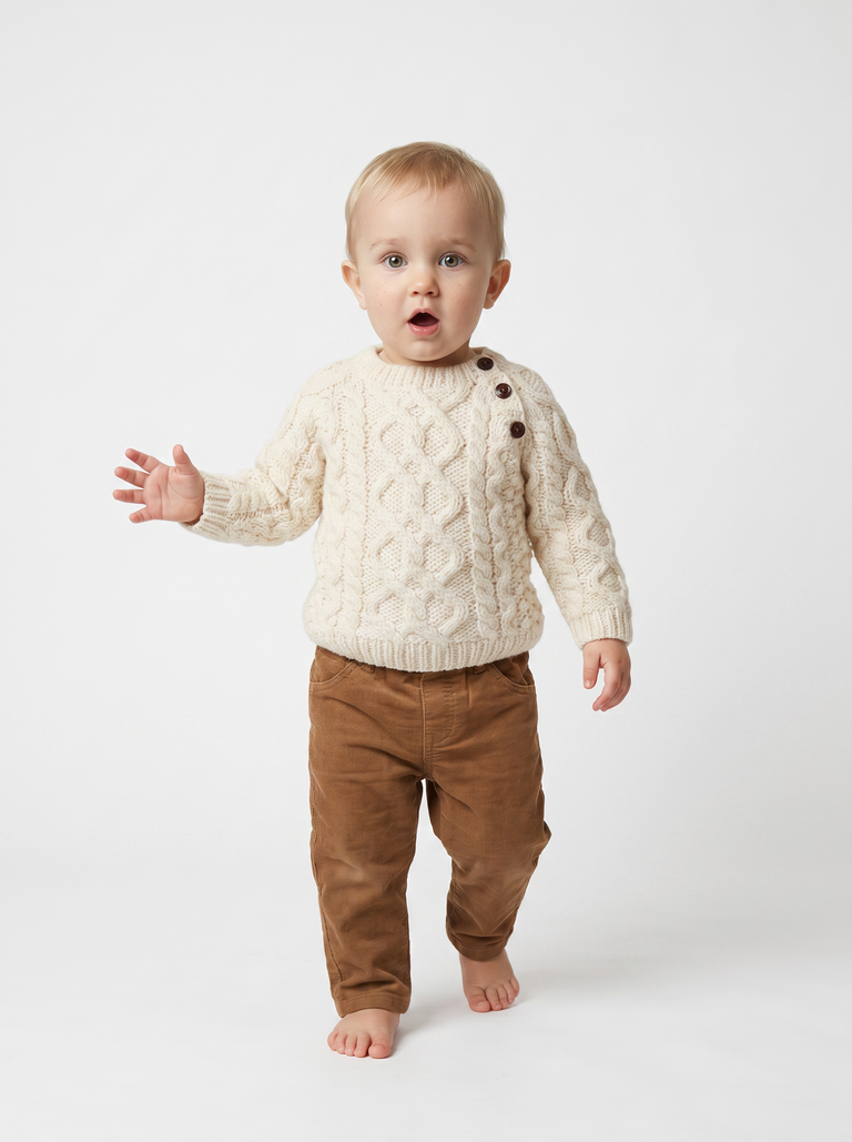 Shepley Baby Aran Wool Crew Neck Sweater - Cream
