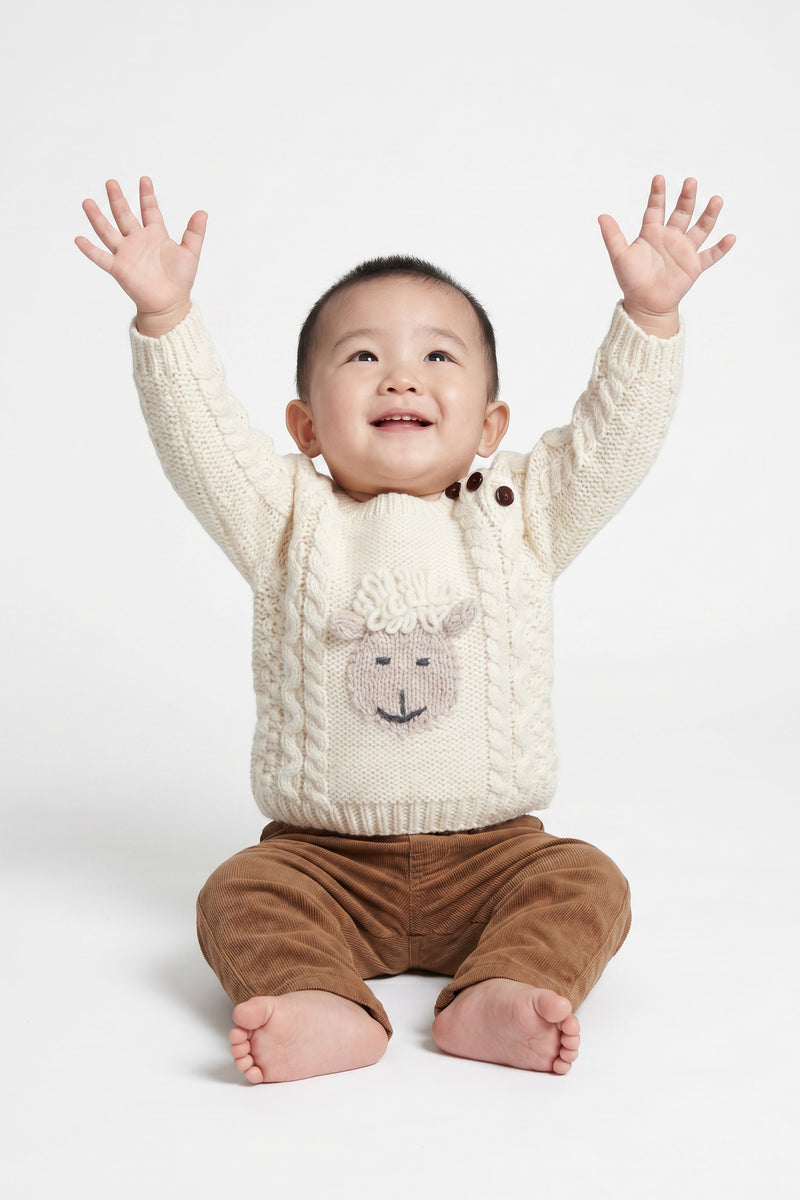 Shepley Character Baby Aran Wool Crew Neck Sweater - Cream