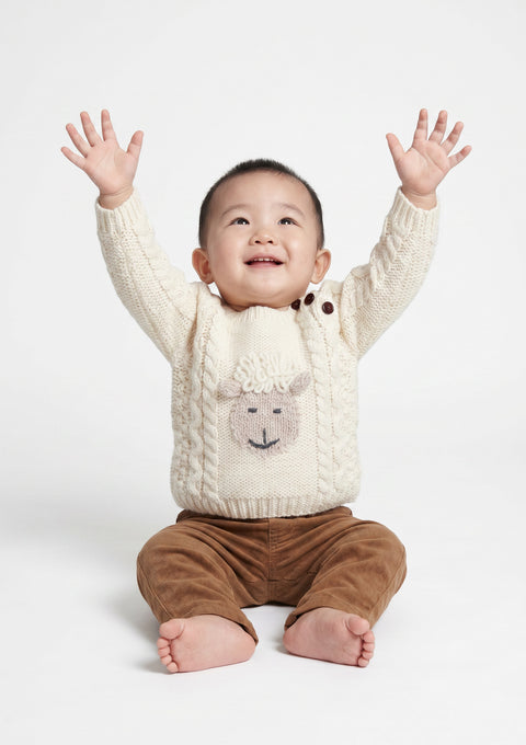 Shepley Character Baby Aran Wool Crew Neck Sweater - Cream
