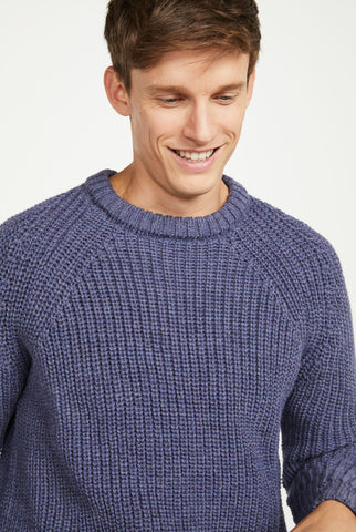 Glenamoy Mens Aran Fisherman Raglan Crew  - Blue