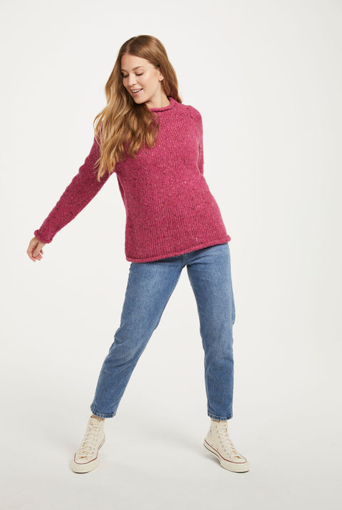 Brackloon Tweed Roll Neck Ladies Sweater - Pink