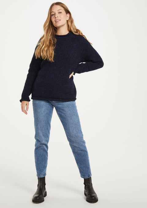 Brackloon Tweed Roll Neck Ladies Sweater - Navy