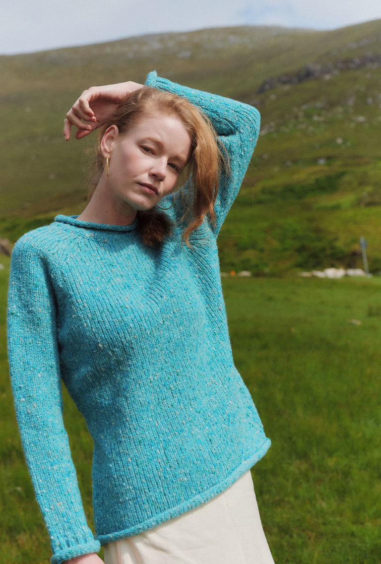 Brackloon Tweed Roll Neck Ladies Sweater - Aqua Blue