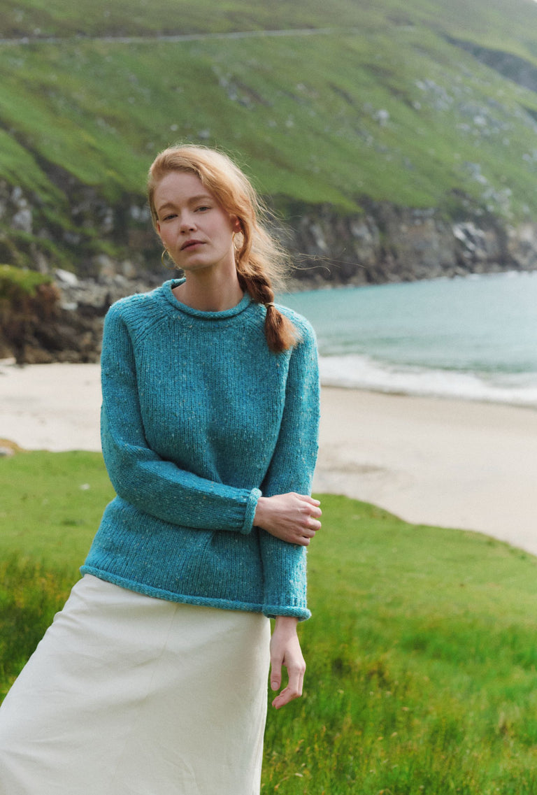Brackloon Tweed Roll Neck Ladies Sweater - Aqua Blue