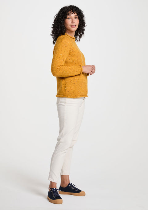women's sweater, Aran, 100% wool, Ireland, Irish sweater, crew neck， Pullover,yellow,jumper, wool jumper